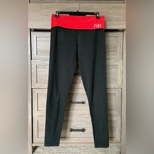 VS Pink Fold Over Black Leggings | Red Waistband | Silver Studs